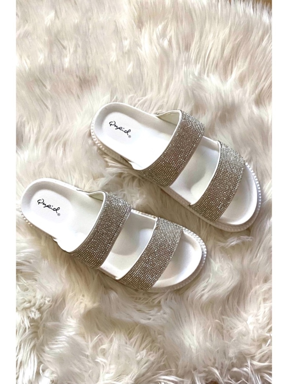 Qupid White Rhinestone Double Strap Sparkly Slide Sandals | Slip On Beach Shoes - Picture 2 of 7